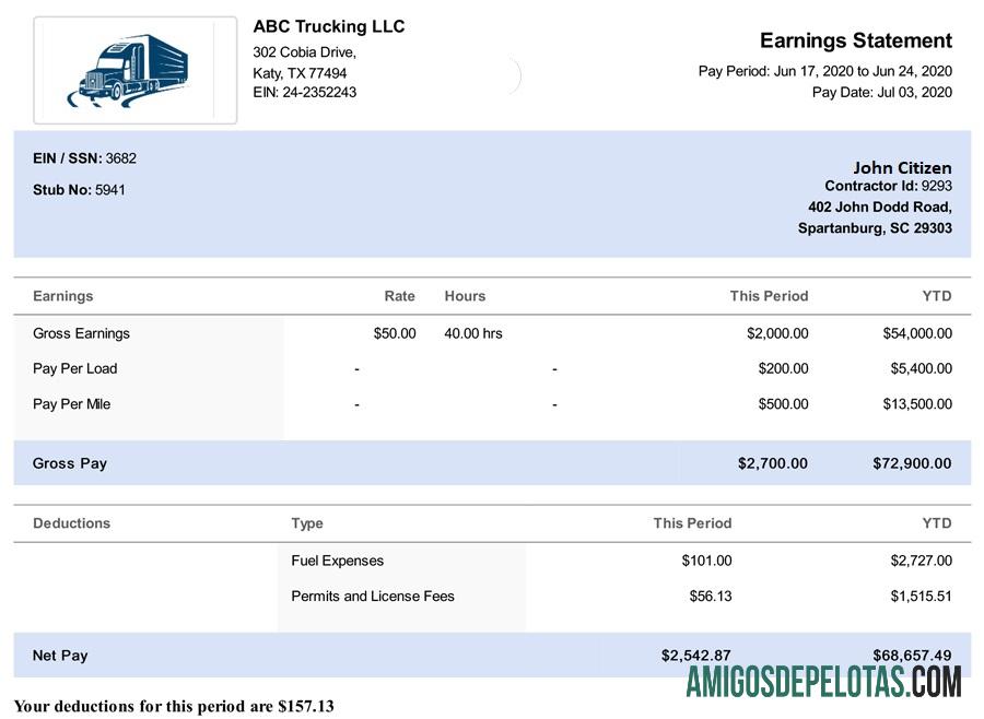 EUA Carolina do Sul TRUCKING LLC Paystub em formatos Word e PDF baixar para verificação